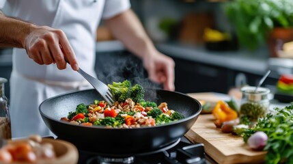 A focused chef actively prepares a savory broccoli stir-fry in a steaming pan, highlighting the culinary expertise and rich, colorful ingredients used in the kitchen setting.
