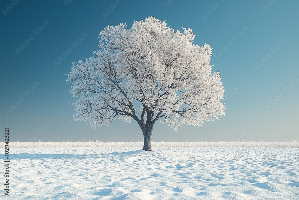 Poster a bare tree standing in a field of snow, representing resilience and survival. concept of minimalism