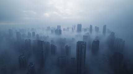 Fototapeta premium Eerie Dystopian Cityscape Aerial View with Smog and Cinematic Lighting