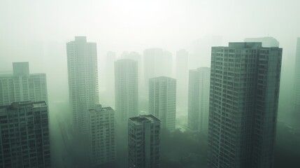 Fototapeta premium Eerie Dystopian Cityscape Shrouded in Smog - Aerial View of Empty Streets with Cinematic Lighting