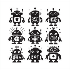 Cute cartoon robots silhouette on white background
