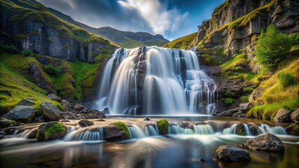 Obraz premium Minimalist waterfall in the mountains flowing through river rocks with low shutter speed