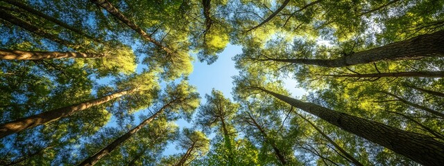 Fototapeta premium A wide-angle view of the canopy above, showcasing tall trees with lush green leaves against a clear blue sky