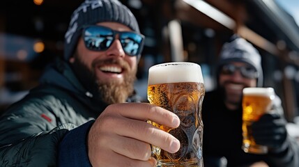 Two men dressed warmly in winter clothing are enjoying a glass of beer outdoors, capturing a joyful moment of friendship and relaxation in a cool setting.