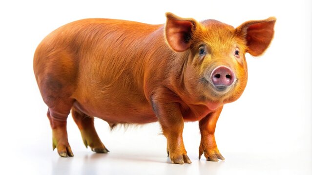 Red-haired Duroc pig posing in studio, isolated on white background