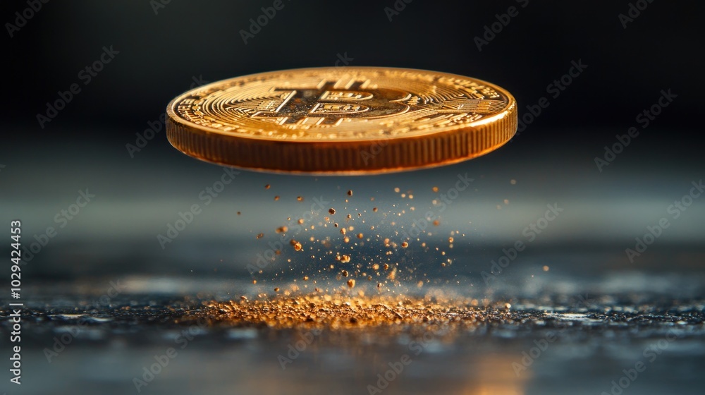 Poster a floating bitcoin coin surrounded by shimmering particles, symbolizing digital currency.