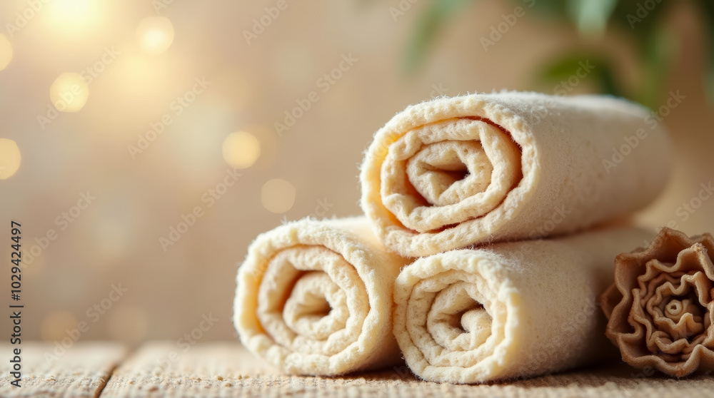 Poster three soft, neatly rolled towels sit on a rustic wooden surface, complemented by a warm glow and a h