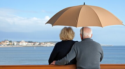 An elderly couple enjoys a peaceful evening on a dock, wrapped in blankets, overlooking calm waters at dusk