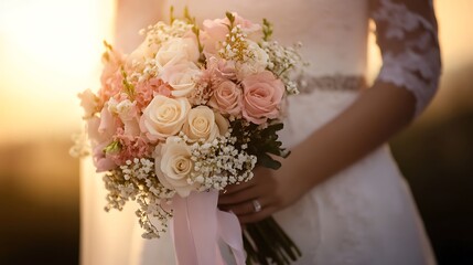 A softfocus image of a pastel bouquet against a sunset background, perfect for a romantic wedding theme, photorealistic