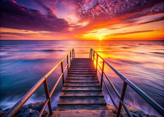 Fototapeta premium Long Exposure of Bsum Steps into the Sea at Sunset for Stunning Coastal Photography