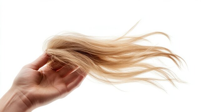 A hand holding a synthetic wig in dirty blonde color isolated on a white background