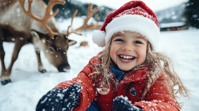 A cheerful child, dressed warmly, plays excitedly in the snow while a reindeer looks on, capturing an enchanting moment of winter fun and youthful joy.