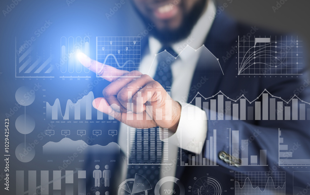 Poster Modern technology. Businessman choosing with finger analytic diagram with data on transparent screen