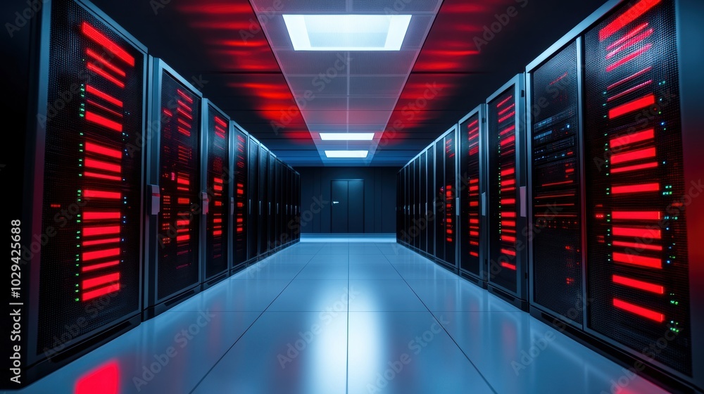 Poster red and black server racks in data center.