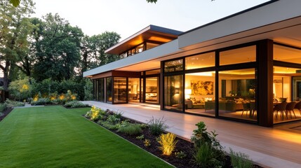 Obraz premium Contemporary house design featuring sleek glass walls that offer an unhindered view of the thriving garden, merging indoor and outdoor aesthetics seamlessly and beautifully.