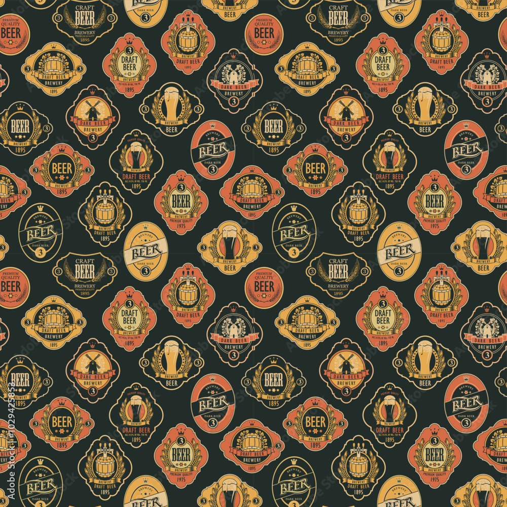 Poster vector seamless pattern on the theme of beer with various beer labels with images of barrels, beer g