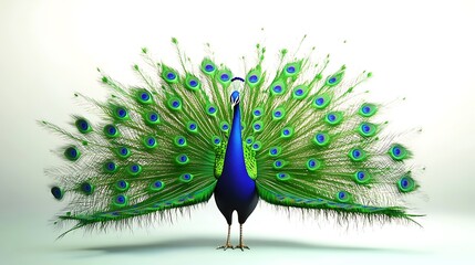 Fototapeta premium A 3D peacock spreading its vibrant feathers in a full display, photorealistic