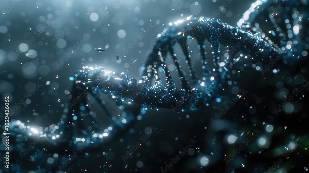 Aufkleber digital rendering of a glowing blue dna helix with sparkling light effects on a dark background