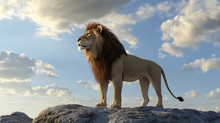 A 3Drendered lion standing majestically on a rocky terrain with a focused gaze, photorealistic