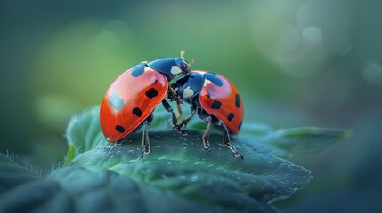 Fototapeta premium Close-up of two mating ladybugs on a green leaf with morning dew. Macro shot with soft focus background