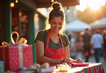 A woman in a red apron is sitting at a table with a bunch of presents