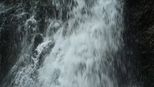 Closeup of a waterfall flowing over mossy stones, slow motion, Josefsthaler Wasserf&auml;lle