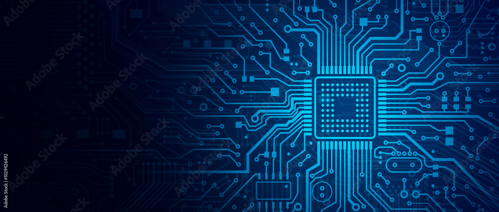 Poster Illustration of computer processor chip on circuit board, empty space. Panorama