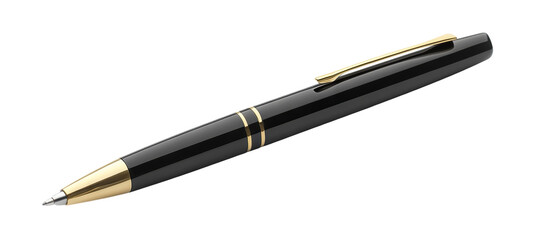 Black ballpoint pen with gold accents, isolated on transparent cutout background