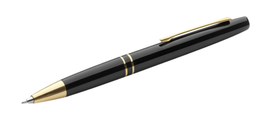 Black ballpoint pen with gold accents, isolated on transparent cutout background