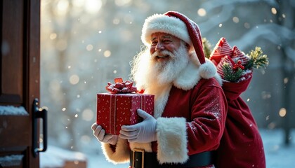 A smiling Santa Claus holding a red box and a red bag