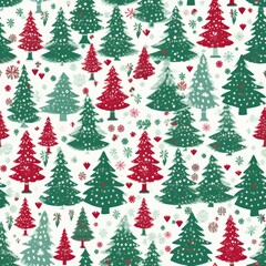 Obraz premium Festive Christmas tree pattern with red and green decorated trees and holiday motifs.