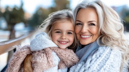 A grandmother and her granddaughter, warmly dressed, smile together against a snowy and serene backdrop, symbolizing warmth and family connection in winter's embrace.
