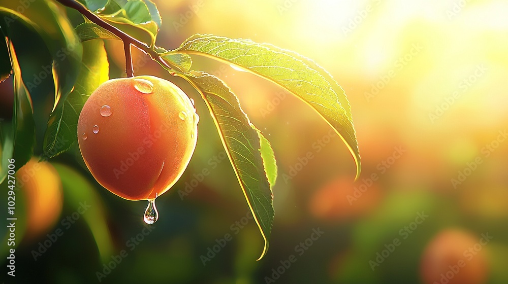 Poster close-up of a peach on a tree branch with water droplets and the sun in the backdrop