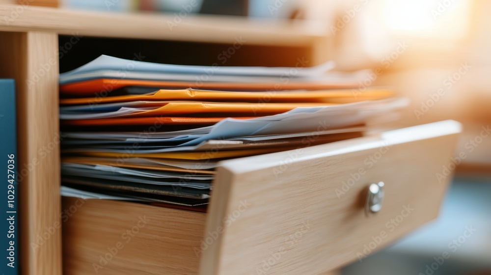 Poster papers and folders overflowing from an open desk drawer symbolizes a busy, perhaps chaotic workspace