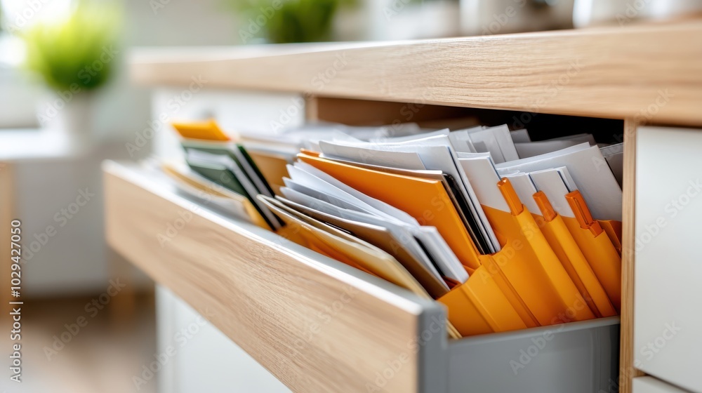 Poster an open drawer displays neatly arranged, colorful folders, reflecting an atmosphere of efficiency an