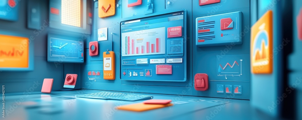 Poster modern digital workspace with blue ui elements on screens in futuristic control room.