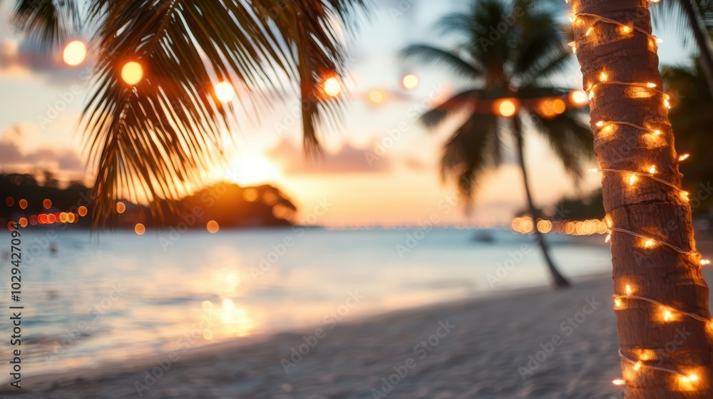 Aufkleber a tranquil beach scene at sunset with palm trees and string lights, creating a warm, inviting glow. 