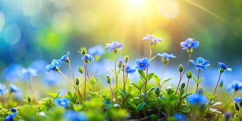 Fototapeta premium Reflected small plants with blue flowers under the open sky