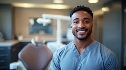 Fototapeta premium A smiling dental professional in scrubs stands in a modern dental clinic during office hours, ready to assist patients with care