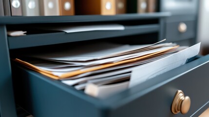 A close-up of an open drawer in a dark-toned office cabinet filled with various documents, symbolizing the busy and sometimes chaotic nature of office environments.