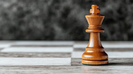 A close-up focus captures a classic wooden king chess piece on a pristine marble checkerboard base, epitomizing strategic gamesmanship and timeless intellectual challenge.