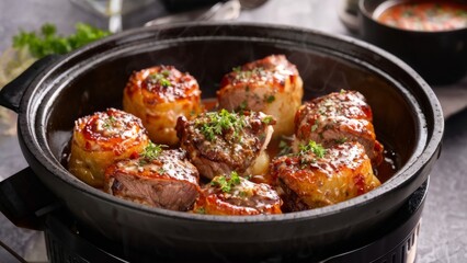 Mini beef rolls fried in a deep fryer.