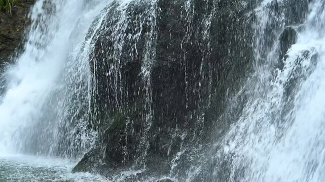 Closeup of a waterfall flowing over mossy stones, slow motion, Josefsthaler Wasserf&auml;lle