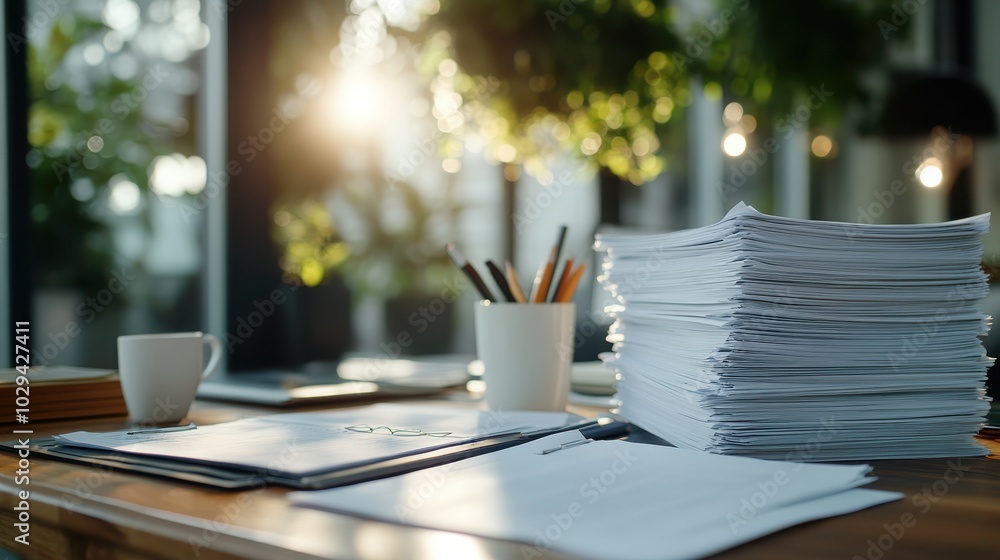 Poster a stack of papers on an office desk, backlit by warm sunlight filtering through a window, creating a