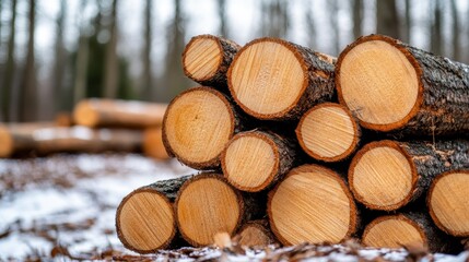 Logs are piled neatly in a snowy forest setting, indicating winter logging practices and the cold beauty of the forest, positioned with a blurry background.