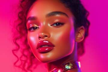 Obraz premium model with glowing, dewy skin, wearing a bold, glossy lipstick, surrounded by various makeup products like lipsticks, blushes, and brushes in a softly lit studio