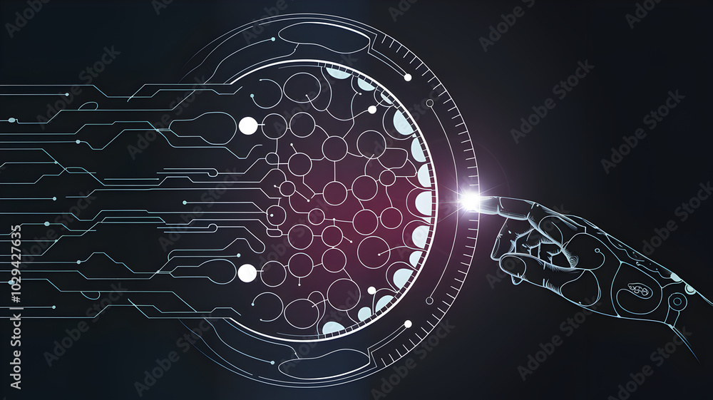 Poster digital transformation: a robotic hand interacts with a futuristic circular interface, symbolizing t