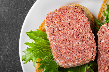 spam meat sandwich fresh meal food snack on the table copy space food background rustic top view