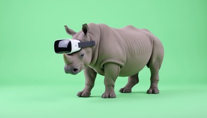 Rhinoceros using VR glasses while standing over an isolated light green background.