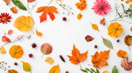 Autumn leaves and flowers composition arranged on a white background flat lay style